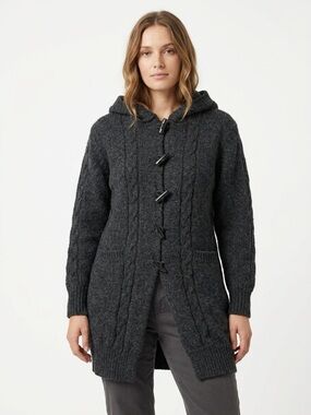 Targa Vintage Hooded Toggle Cardigan Coat Wool Cable Knit Charcoal Grey Size M